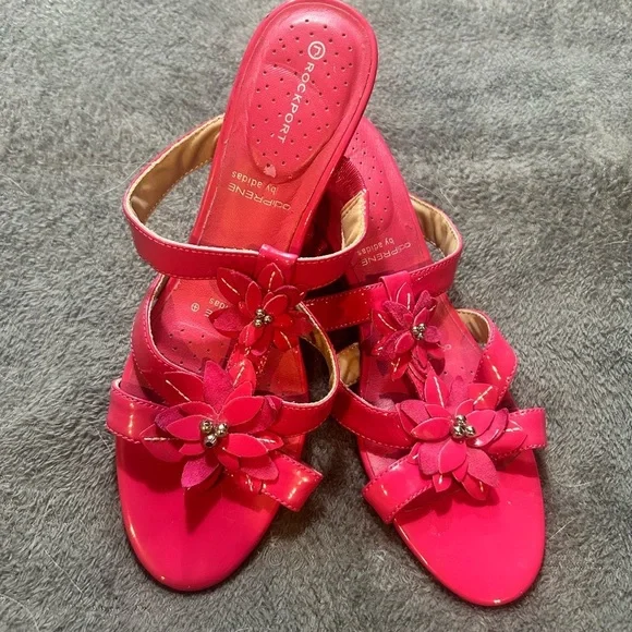 Rockport adiprene 7 hot pink floral, stray, sandals, wedge, heel, shiny leather - Picture 1 of 7